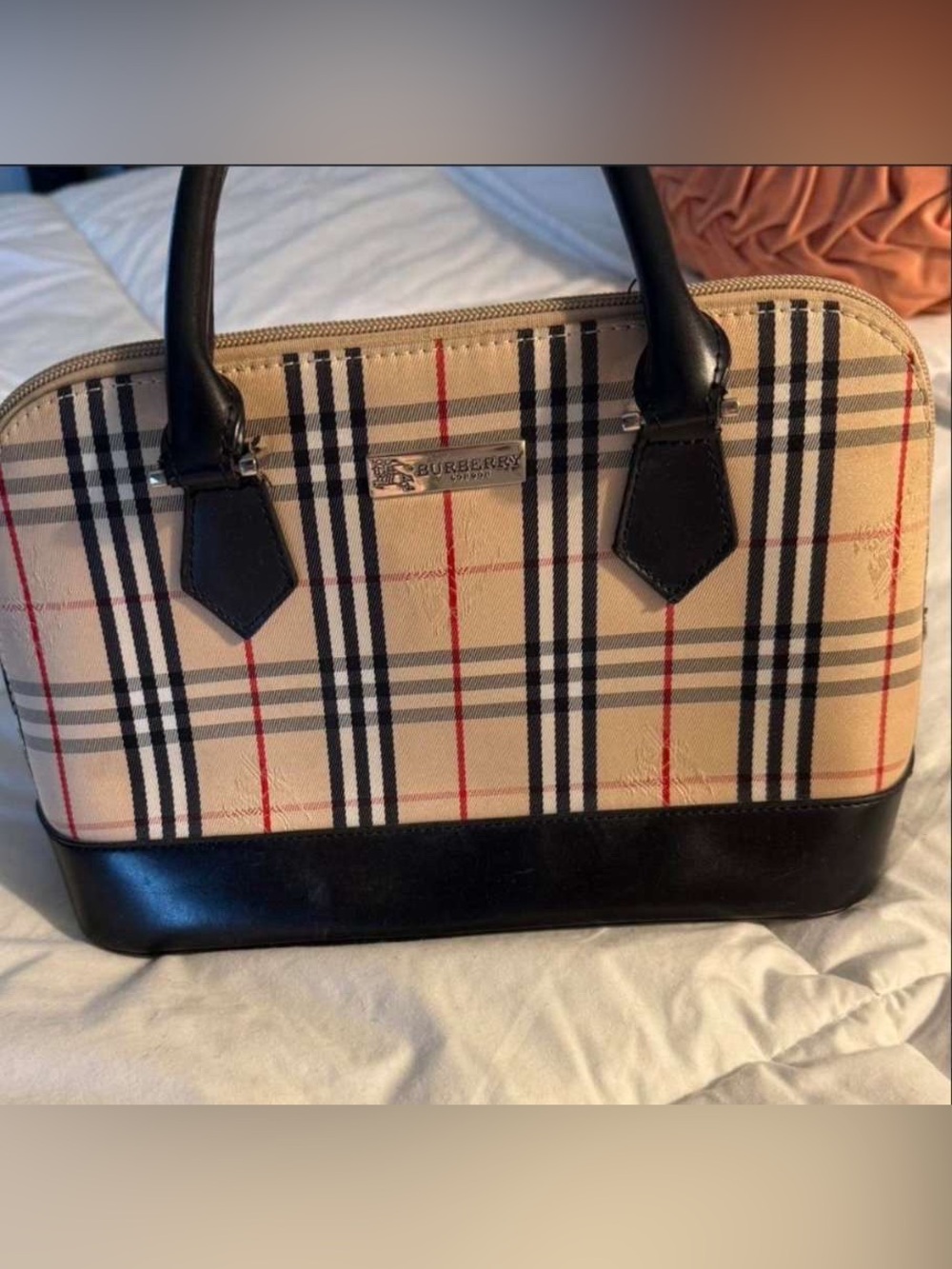 Burberry Beige Nova Check Leather Trim Satchel